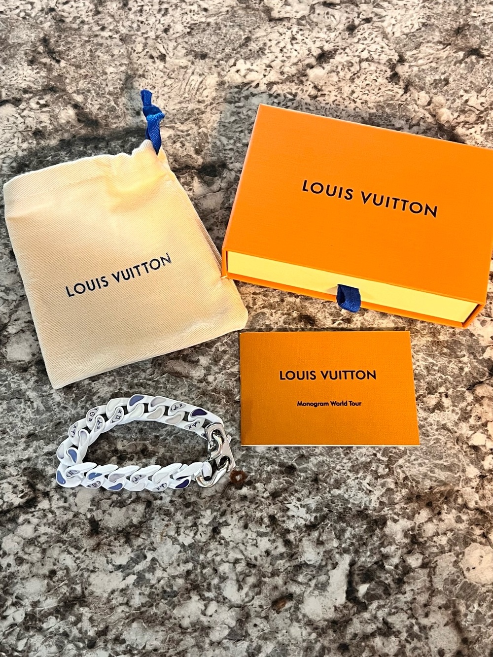 Louis Vuitton White and Blue Monogram Chain Bracelet with Silver Hardware